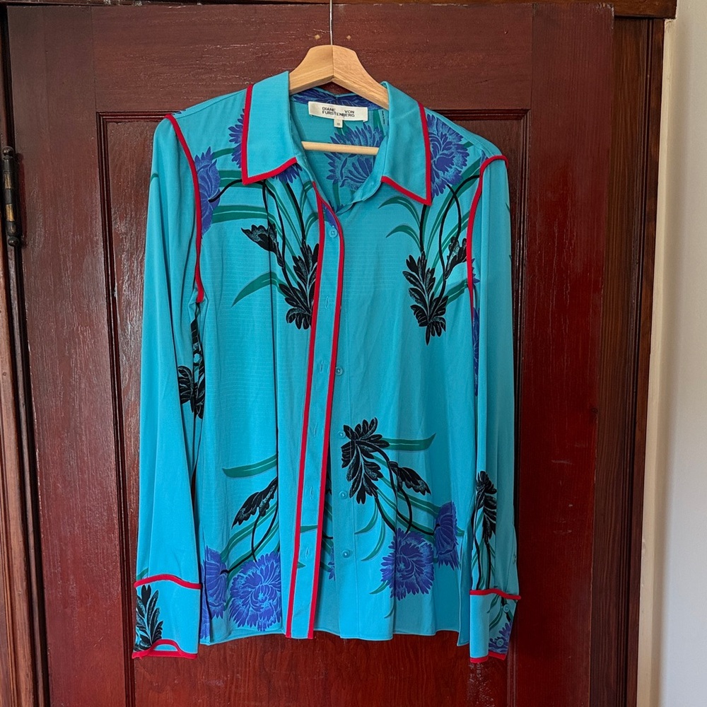 Diane Von Furstenberg Turquoise and Black Floral Shirt
